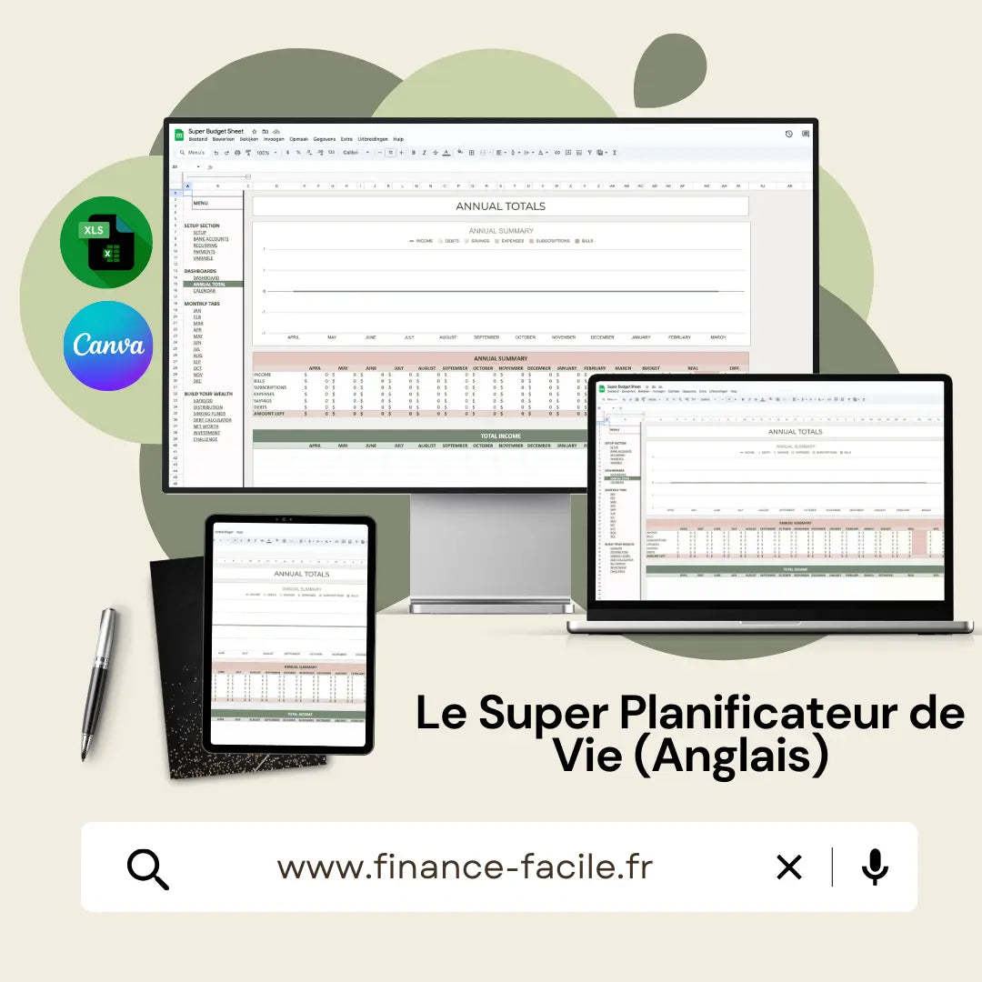 Planificateur de Vie Google Sheets | Organisation Complète Objectifs, Finances & Habitudes FinanceFacile